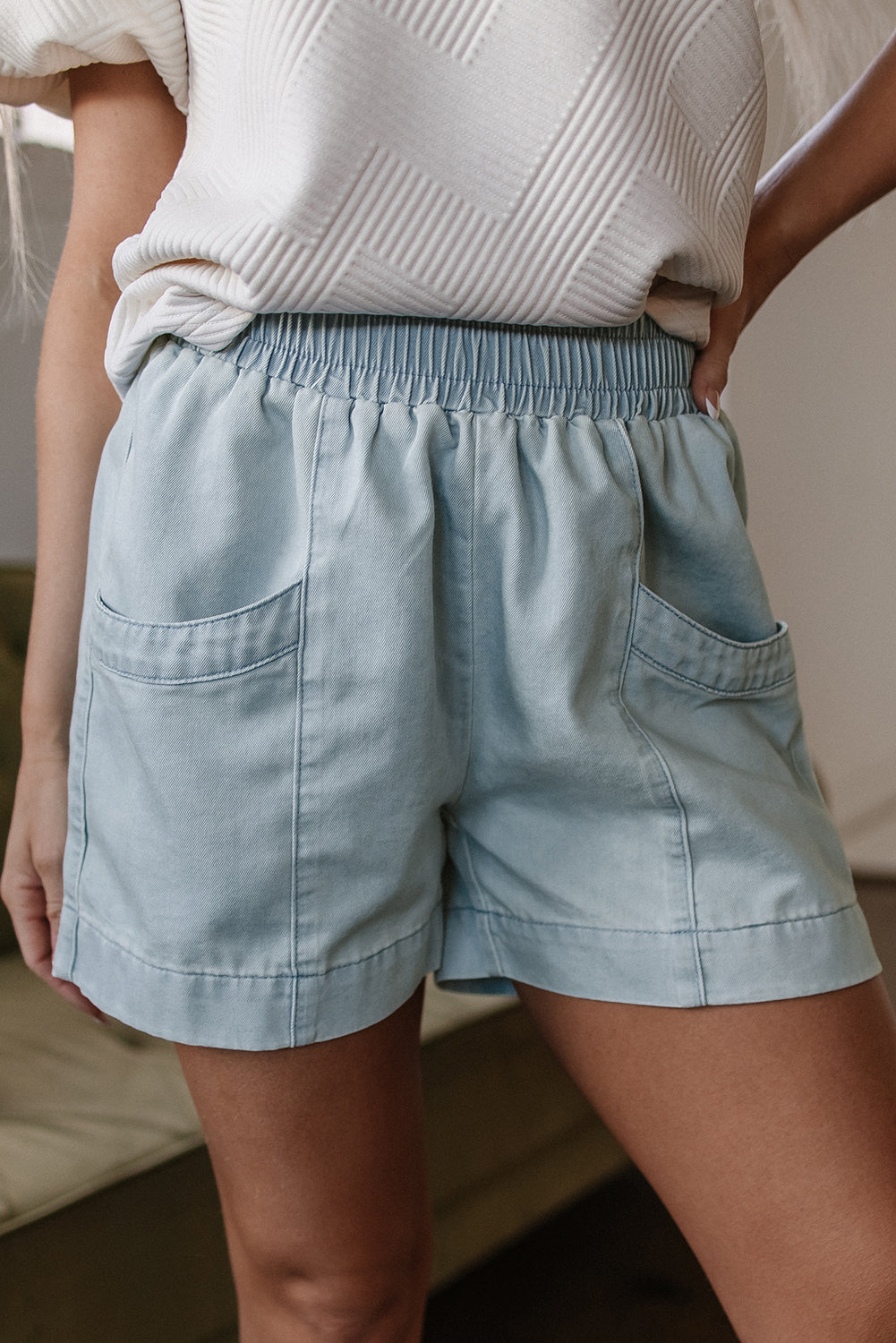 Bianca Light Wash Pocketed Wide Leg Shorts